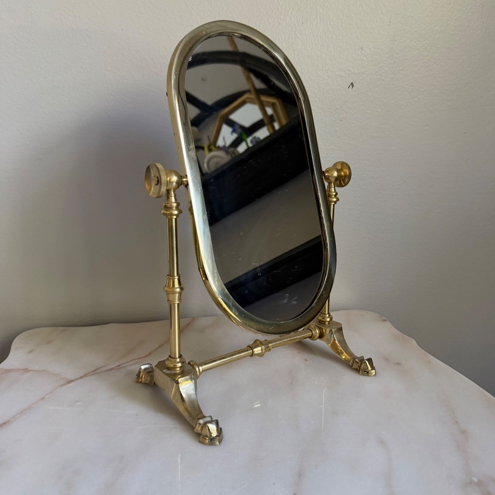 Vintage Brass Oval Vanity Mirror Swivel Tilting Tabletop Dressing Mirror Gold